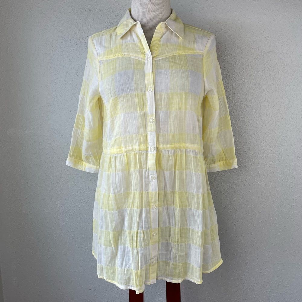 NWT Love Fire Button Down Yellow and White Sheer Top Size M